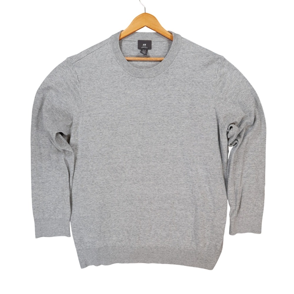 H&M Sweater Mens XXL Gray 100% Cotton Slim Fit Crew Neck Pullover Knit
